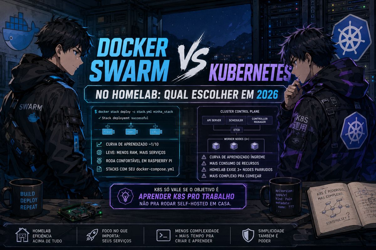 Capa do artigo: Docker Swarm vs Kubernetes no homelab — qual escolher em 2026
